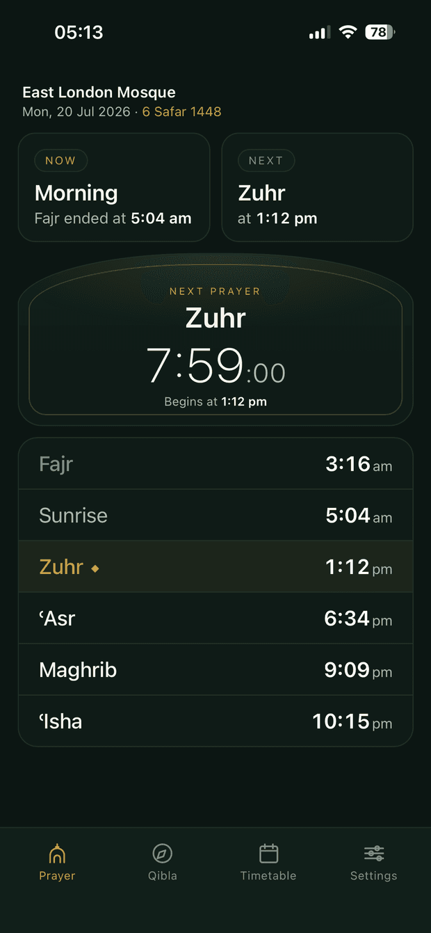 Prayer screen headed East London Mosque, showing a live countdown to Zuhr and that mosque's published times for Fajr through 'Isha