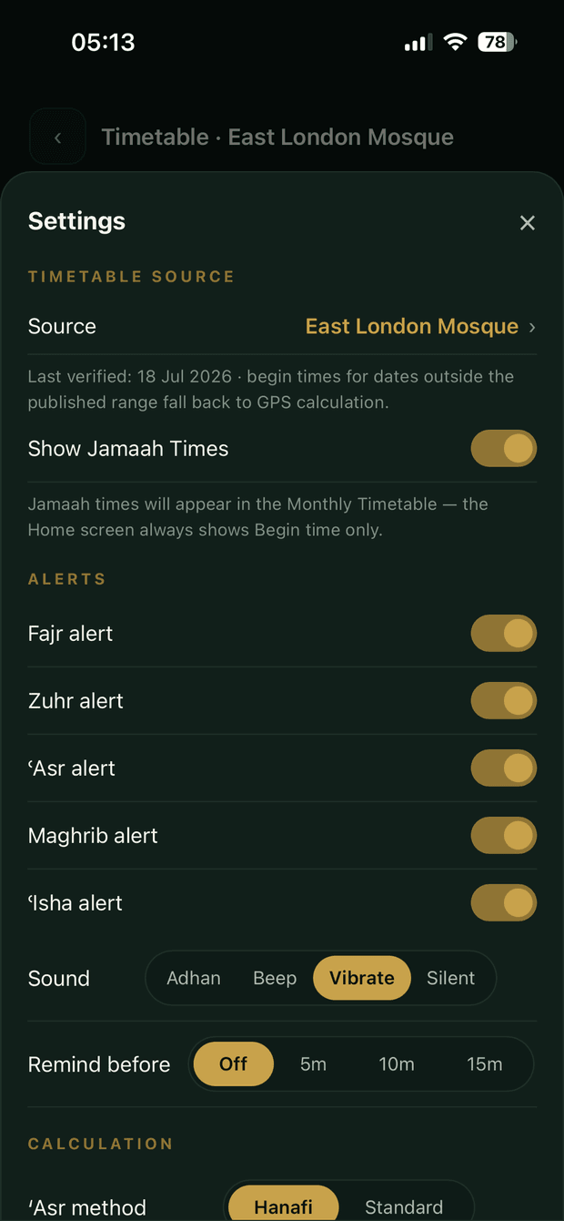 Settings showing the timetable source set to East London Mosque with the date it was last verified, a Show Jamaah Times toggle, and per-prayer alert switches