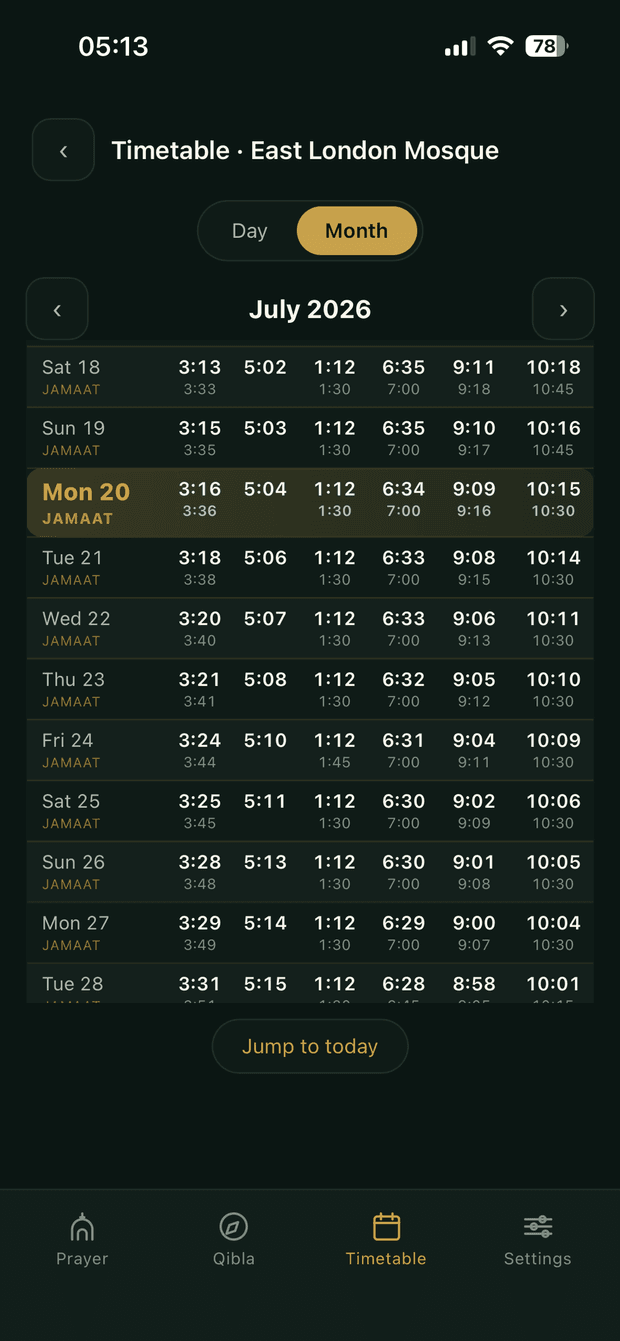 Month timetable for East London Mosque showing a row per day for July 2026, each with begin times and the mosque's jama'ah times beneath them